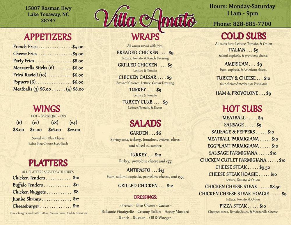 Menu at Villa Amato pizzeria, Lake Toxaway, Rosman Hwy