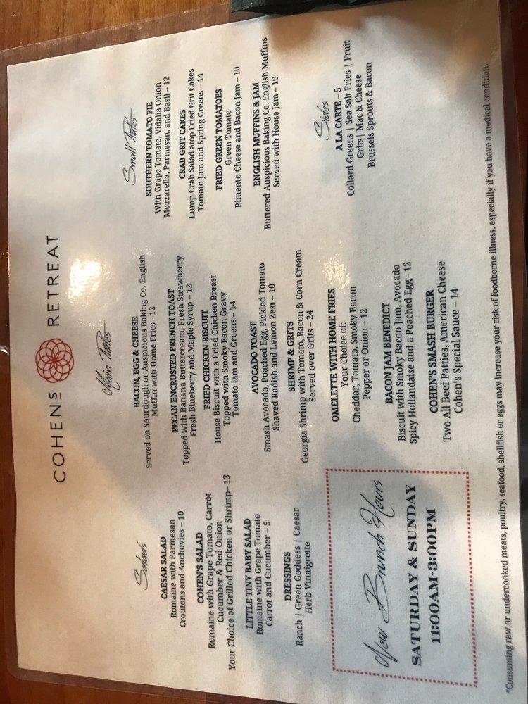 Menu at Cohen's Retreat restaurant, Savannah