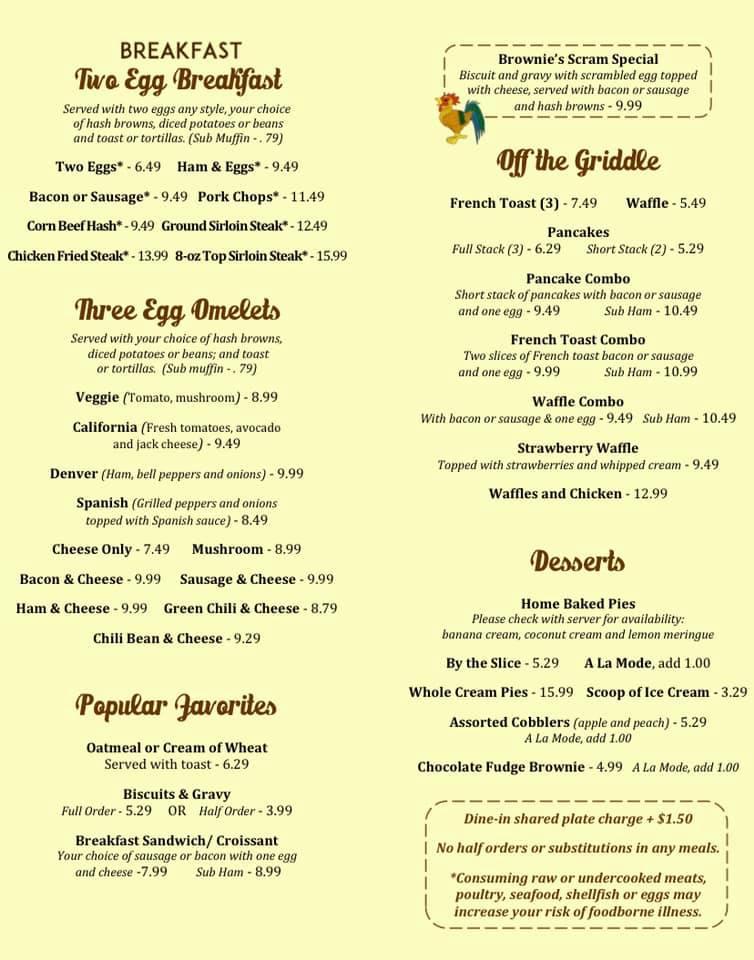 Menu at Brownie's Diner restaurant, Brawley
