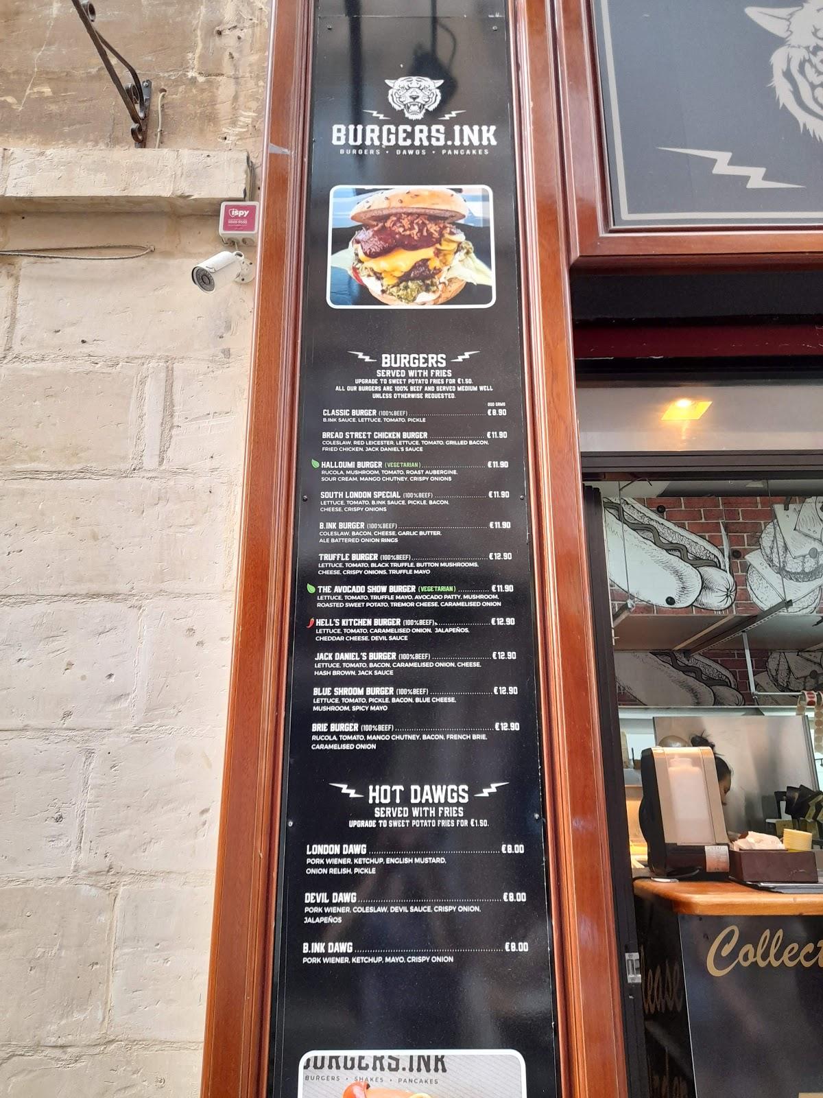 Menu at Burgers.Ink restaurant, Valletta