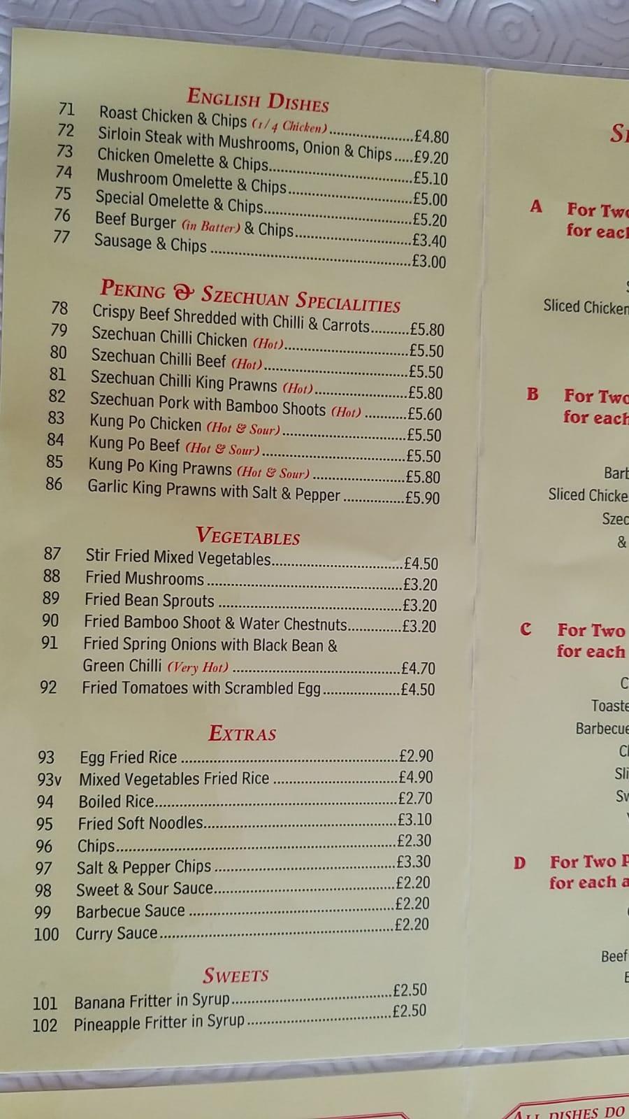 Menu at Jade House fast food, Perranporth