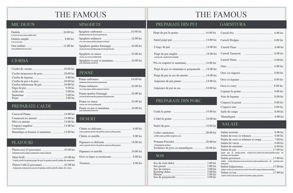 Menu de The Famous