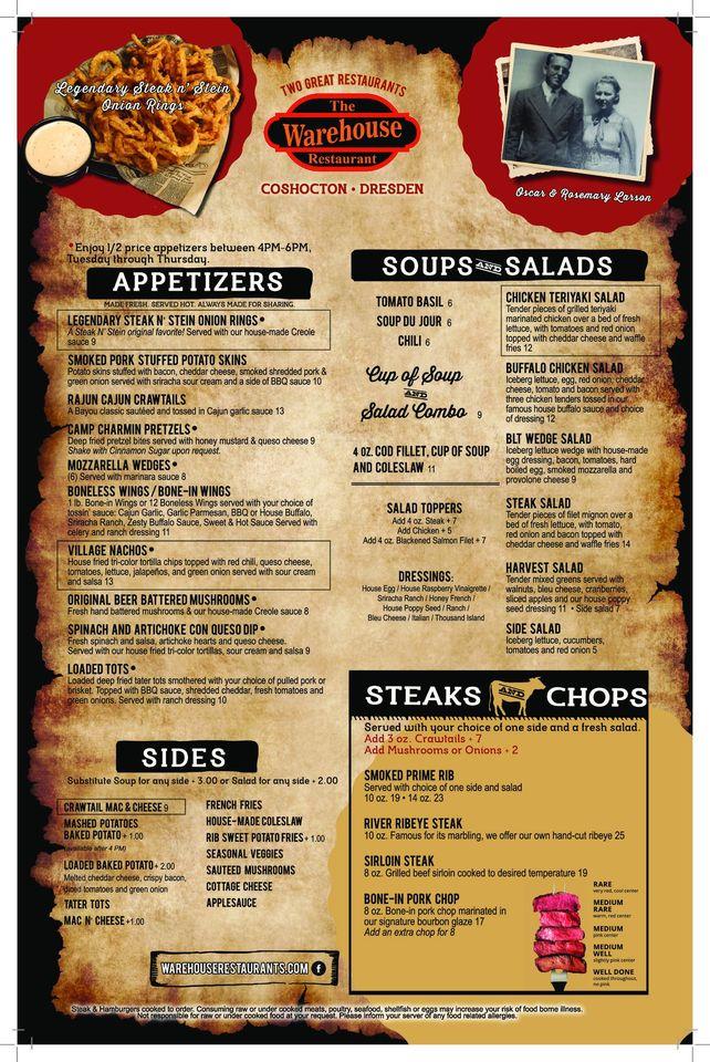 Menu at Warehouse Restaurants, Coshocton