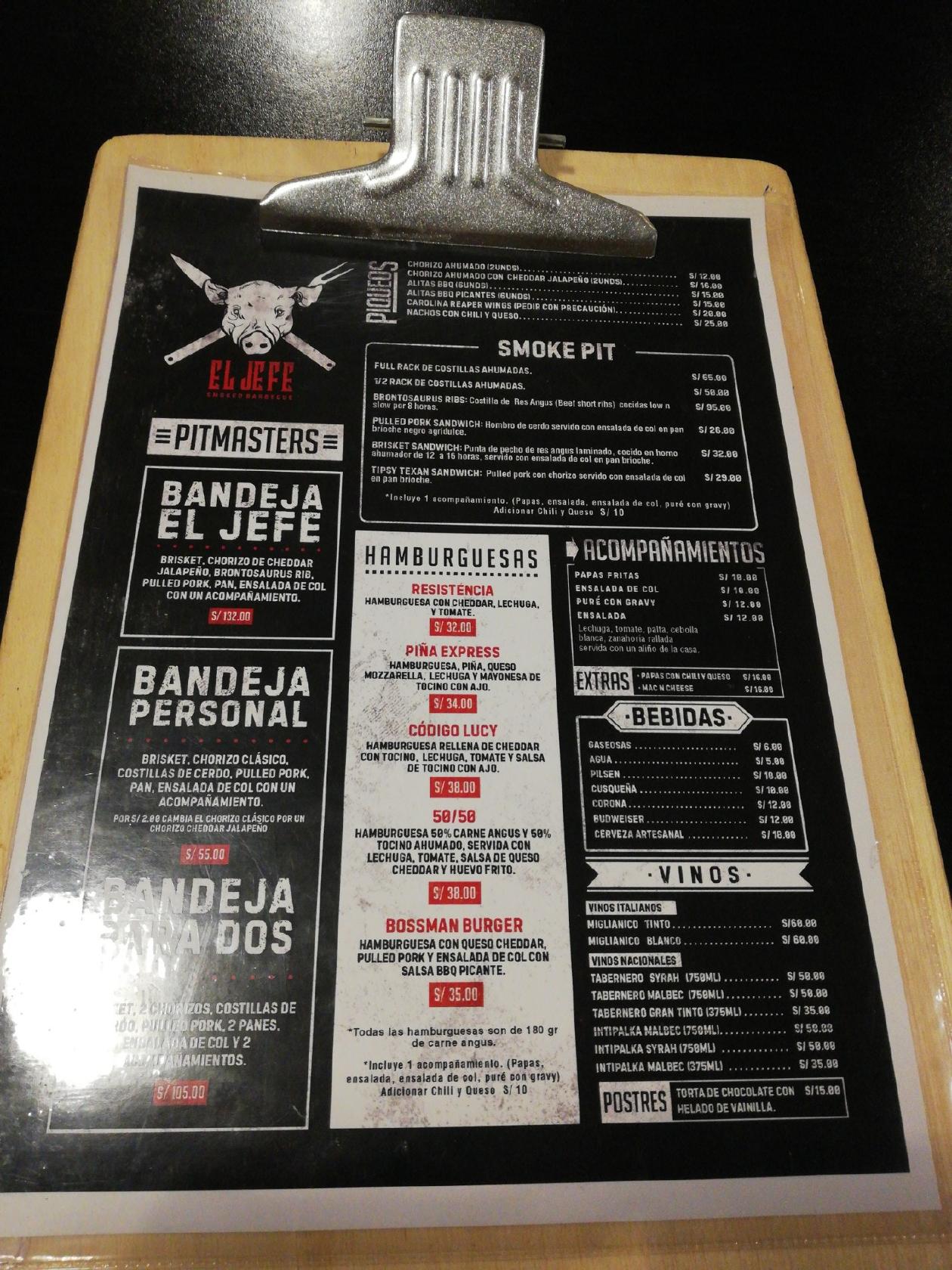 Carta de El Jefe Smoked BBQ, Miraflores