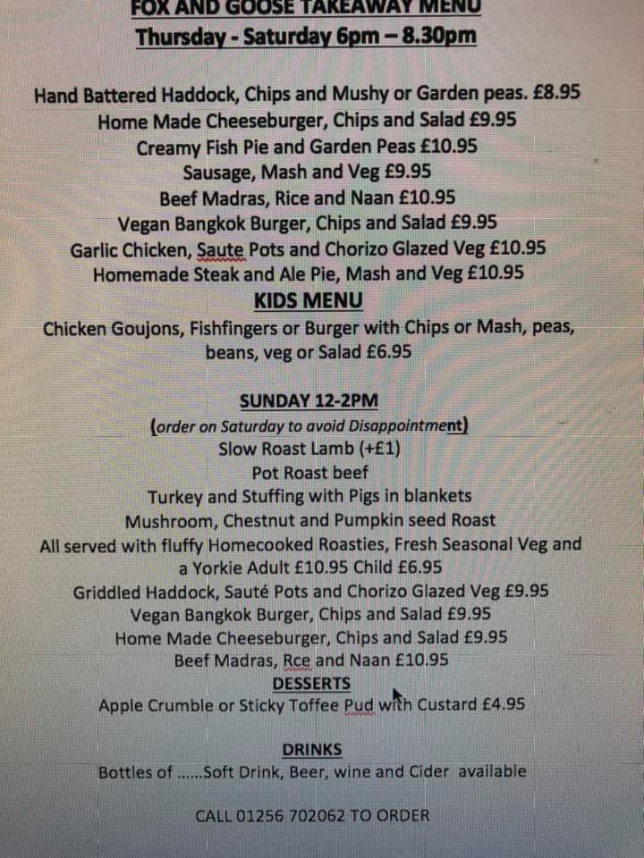 Menu at Fox & Goose pub & bar, Greywell, The St