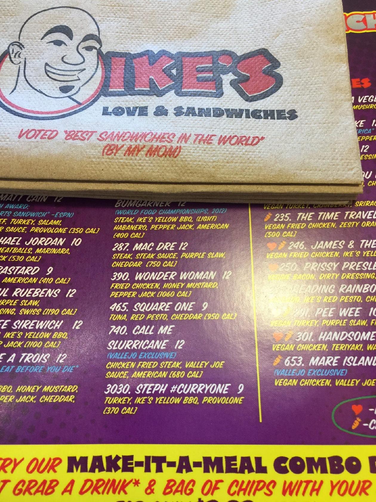 Menu at Ike's Love & Sandwiches restaurant, Vallejo
