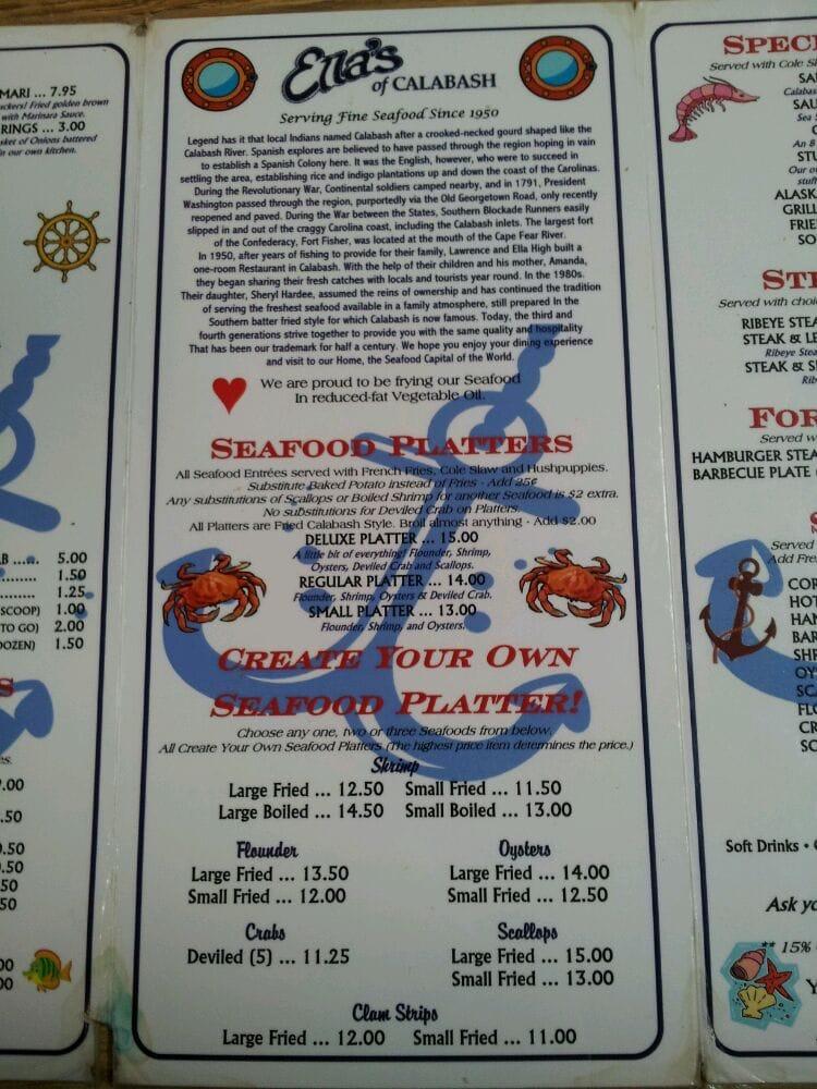Menu at Ella's of Calabash restaurant, Calabash