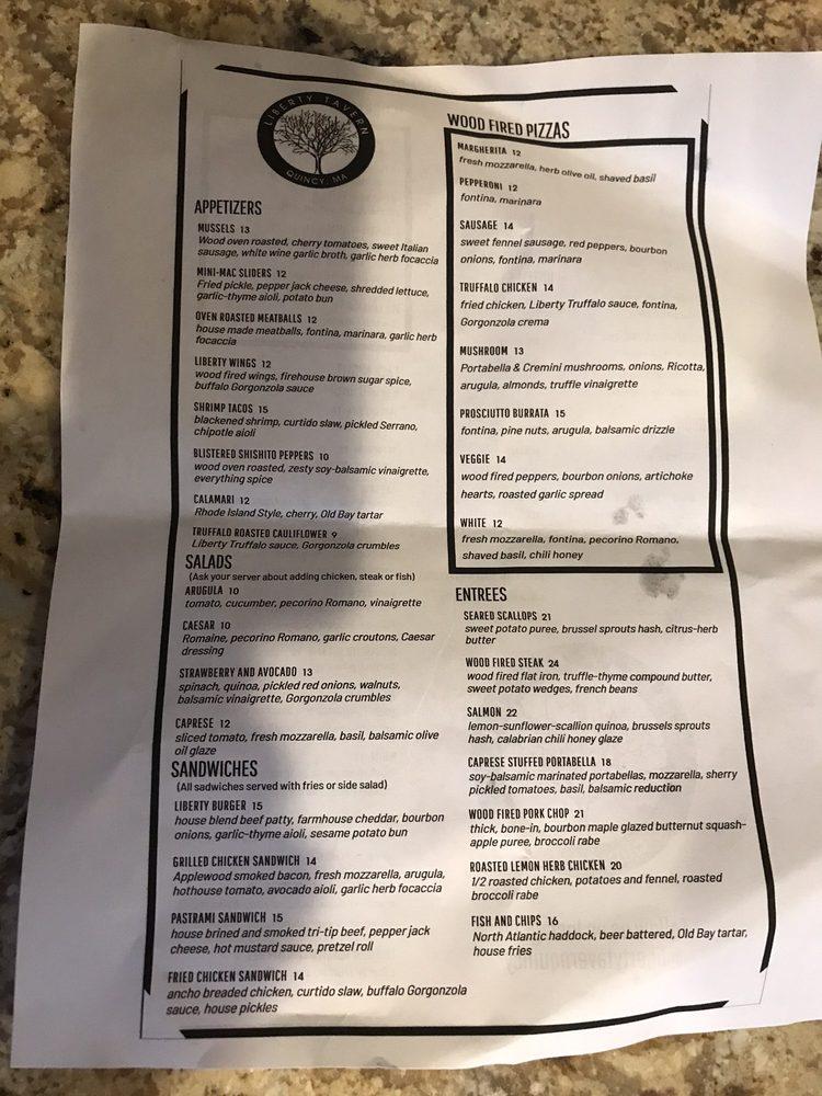 Menu at Liberty Tavern pizzeria, Quincy