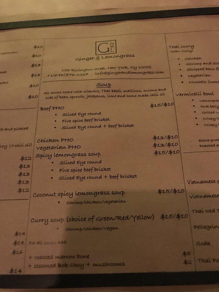 Menu at Ginger and Lemongrass restaurant, New York City, 153 Rivington St