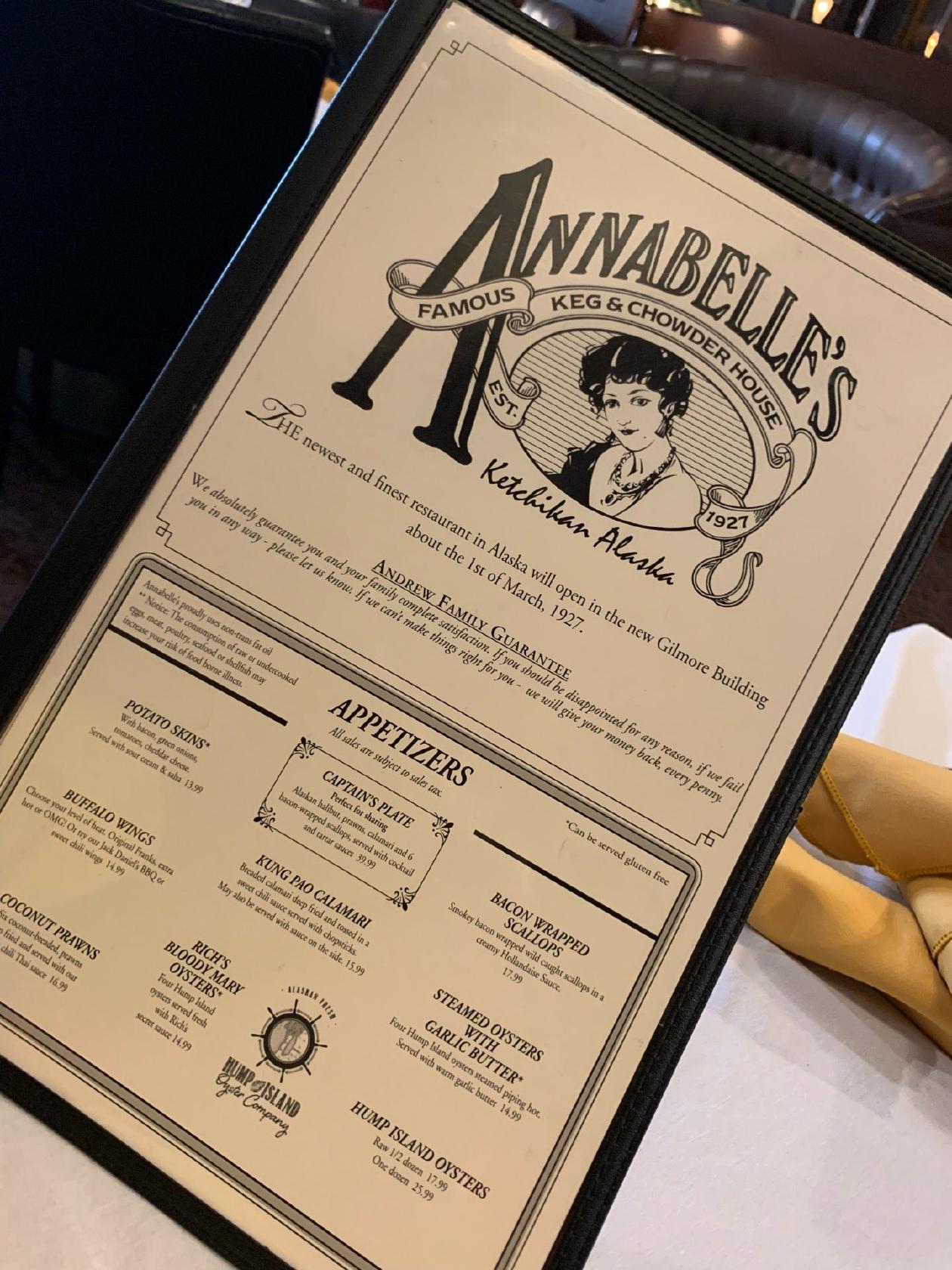 Menu at Annabelle's Famous Keg and Chowder House restaurant, Ketchikan