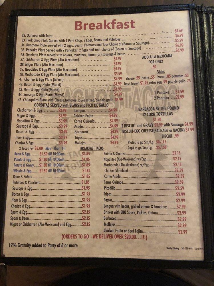 Menu at Chacho's Tacos restaurant, Corpus Christi, Ayers St