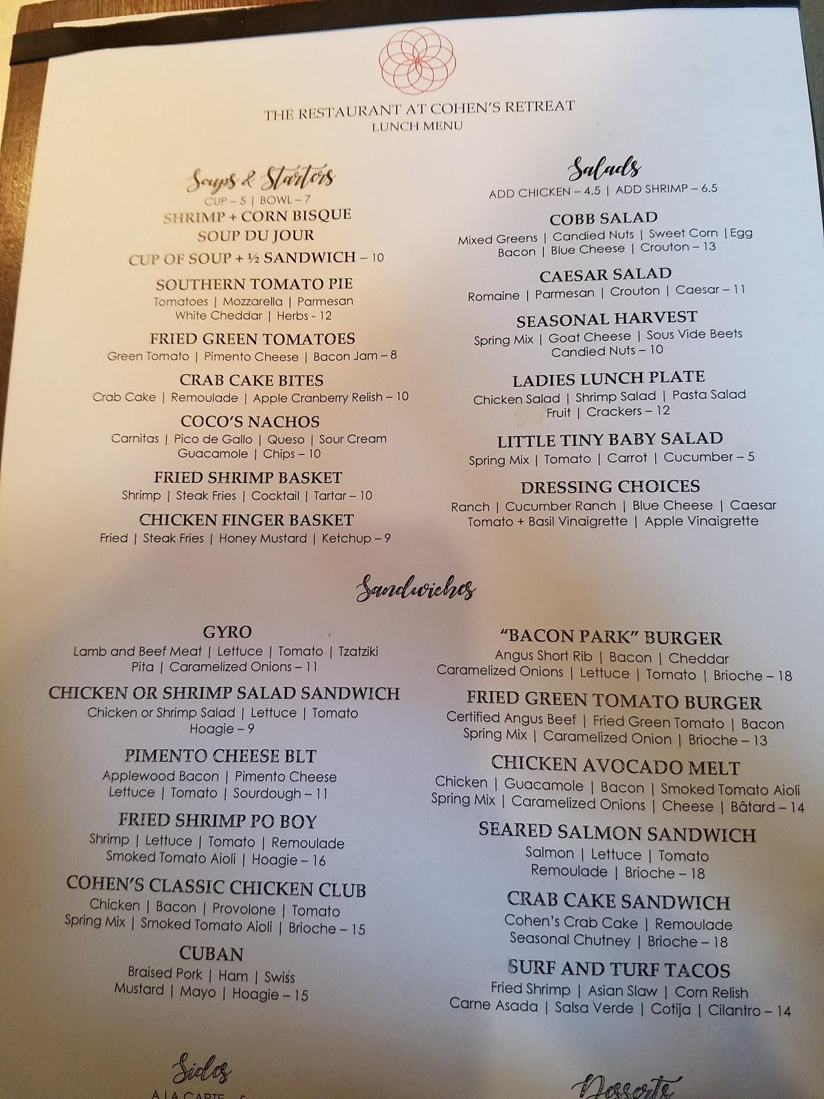 Menu at Cohen's Retreat restaurant, Savannah