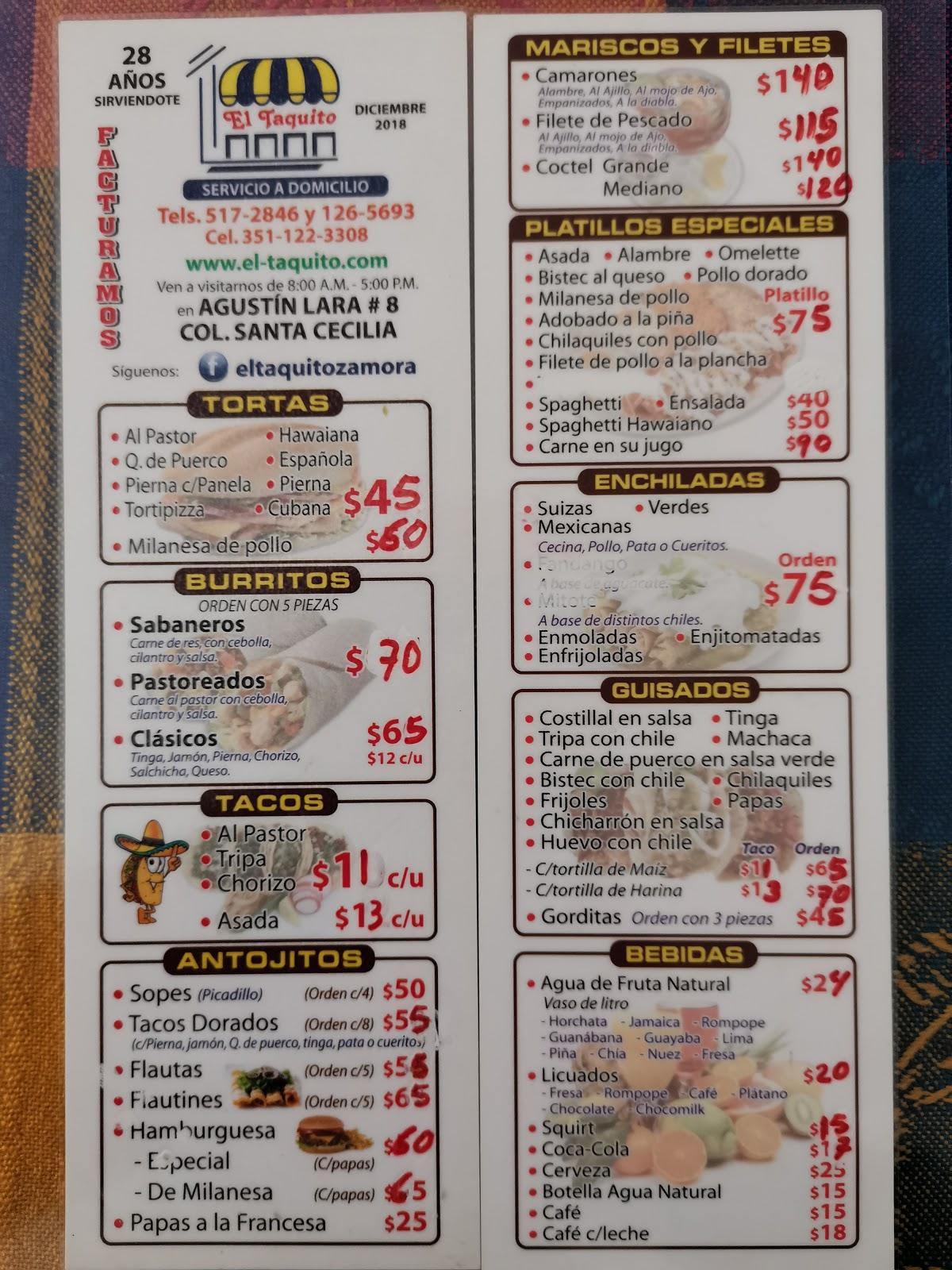 Carta Del Restaurante El Taquito Zamora 