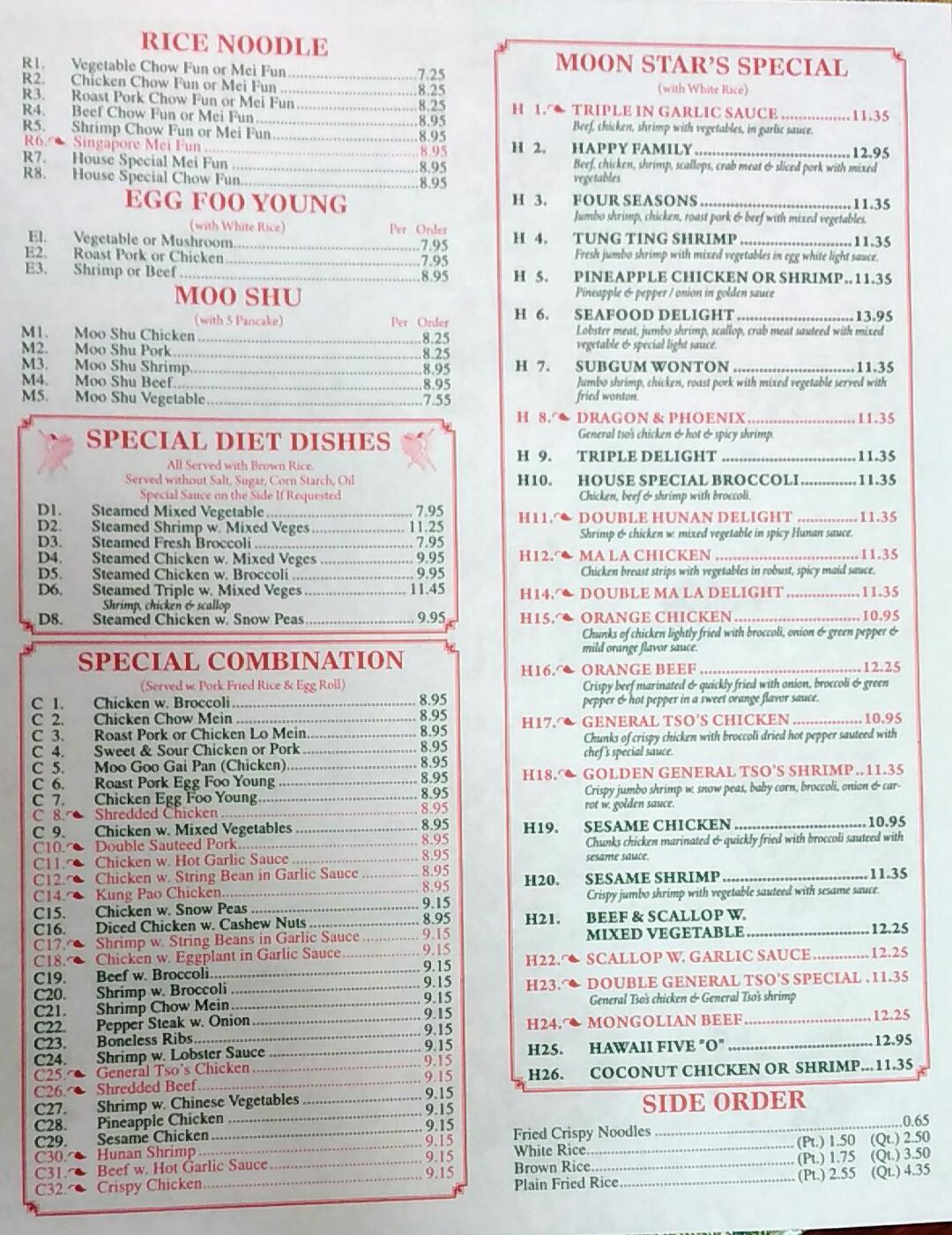 Menu at Moon Star restaurant, Danbury