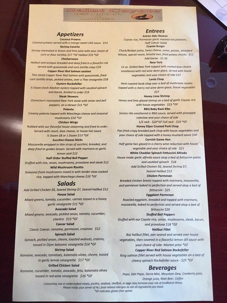 Menu at Saint coyote restaurant, Anchorage