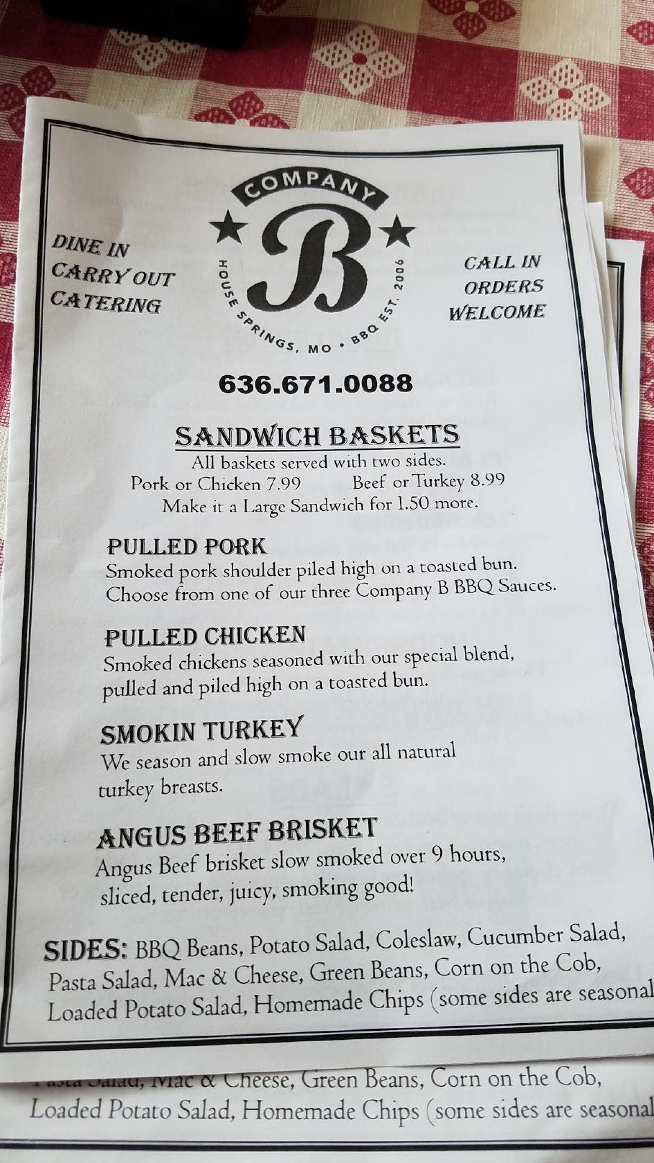 Menu At Company B Bbq, Byrnes Mill