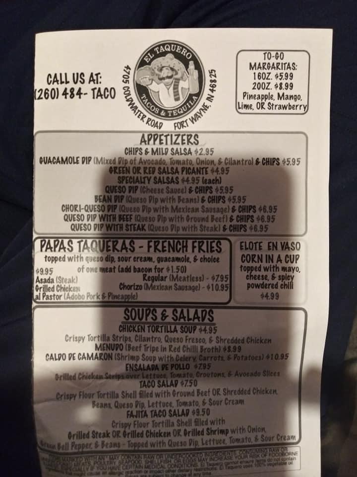 Menu At El Taquero Restaurant Fort Wayne