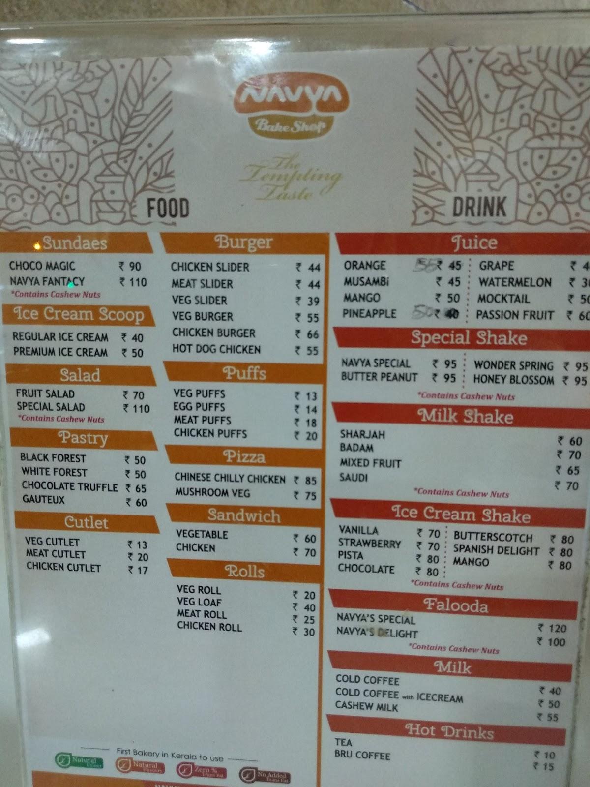 Menu at Navya Bakers, Angamaly