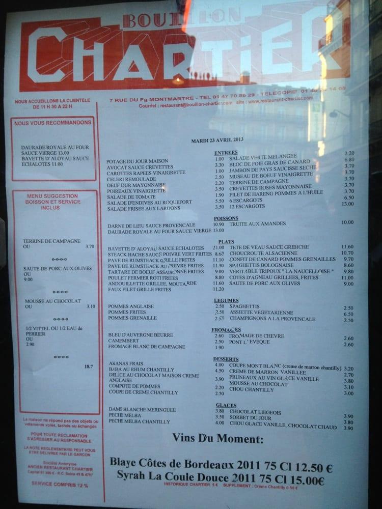 Menu au Bouillon Chartier Grands Boulevards restaurant, Paris, 7 Rue du Faubourg Montmartre