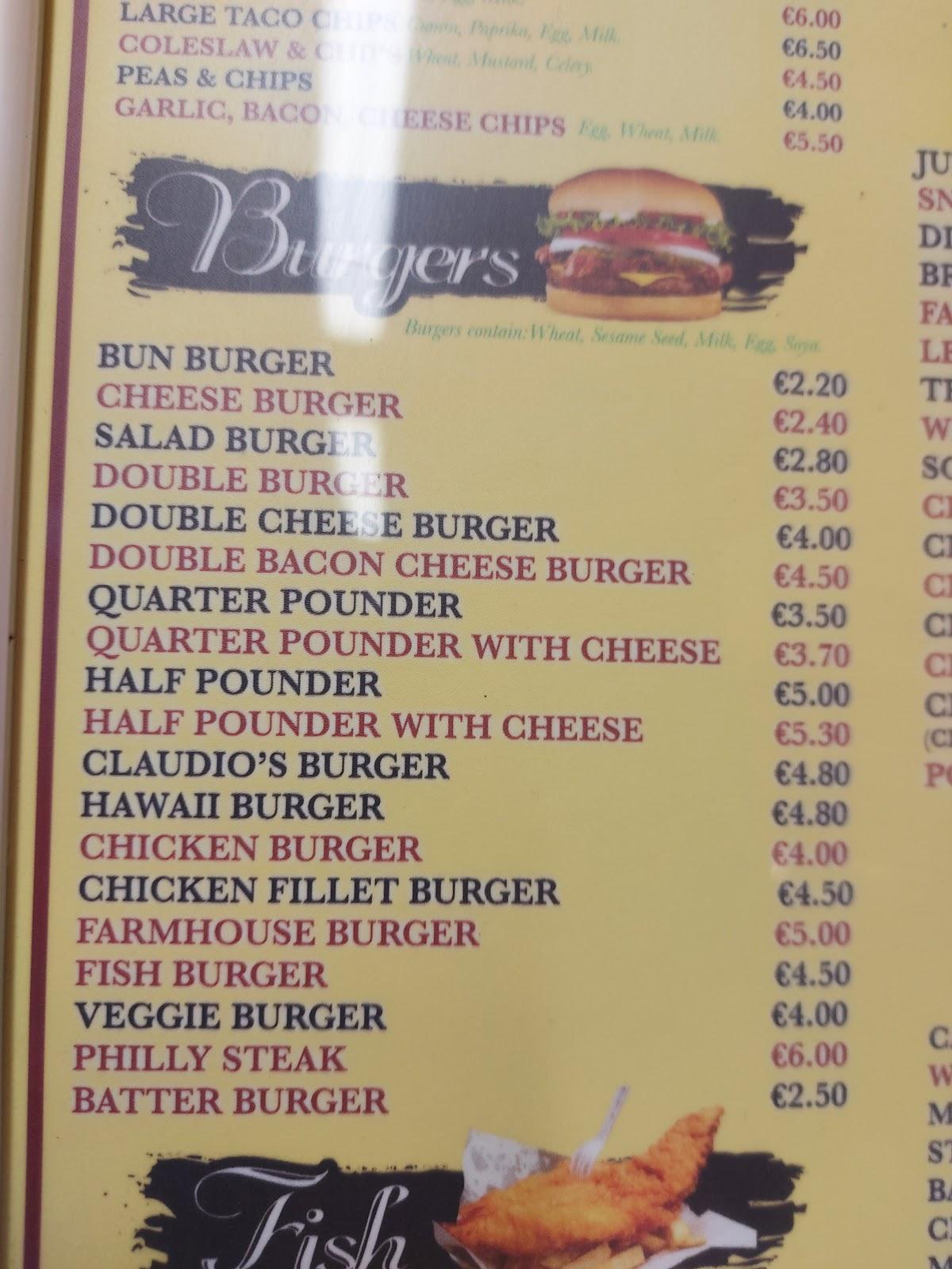 Menu at Claudio’s kanturk restaurant, Kanturk