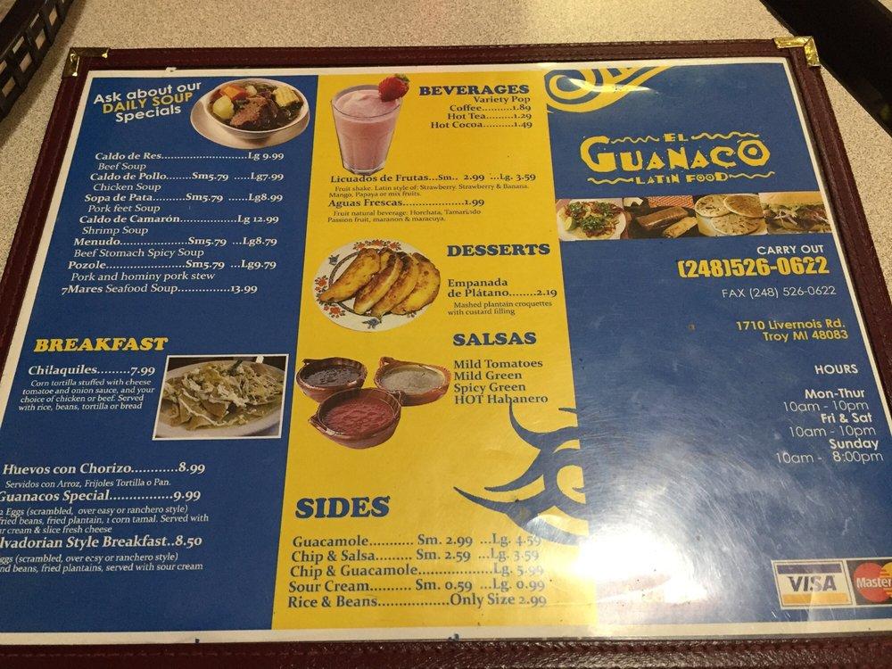 Carta de El Guanaco Troy Restaurant, Troy, Livernois Rd