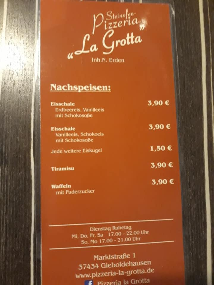 Speisekarte Von Pizzeria La Grotta Gieboldehausen