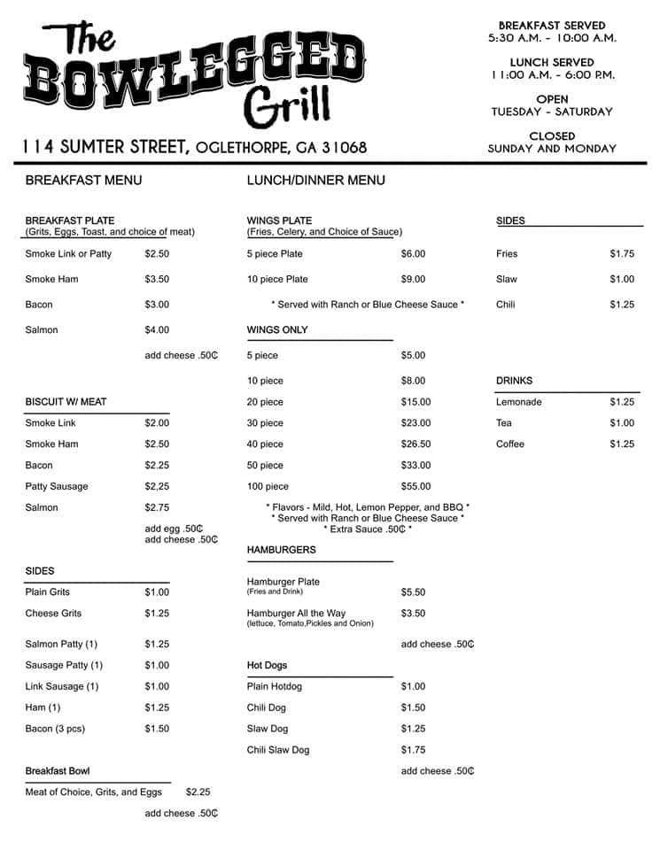 Menu at Bowlegged Grill restaurant, Oglethorpe 