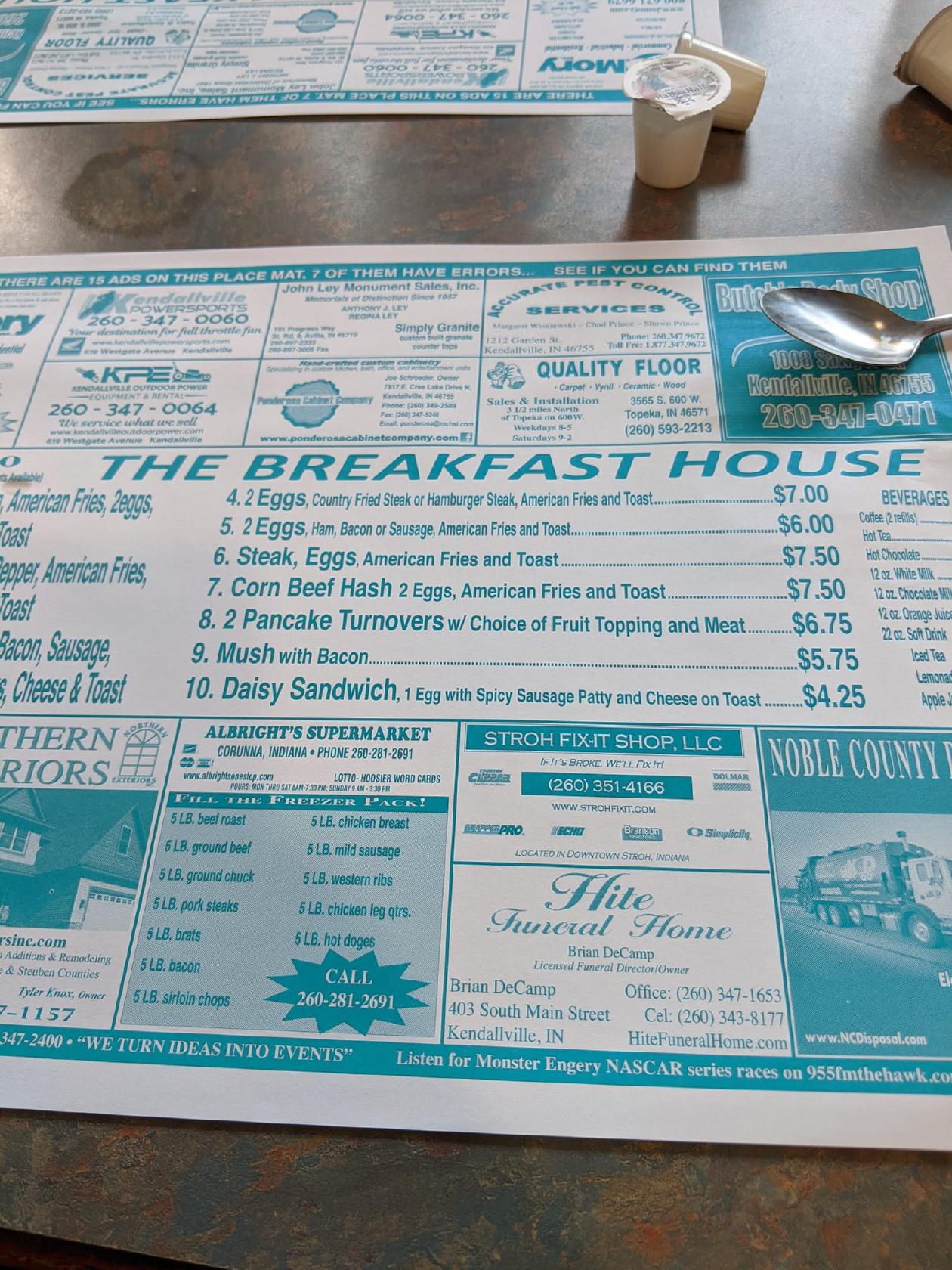 Menu at Breakfast House restaurant, Kendallville