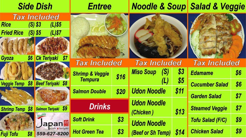 Menu at Healthy Japan restaurant, Visalia, S Mooney Blvd