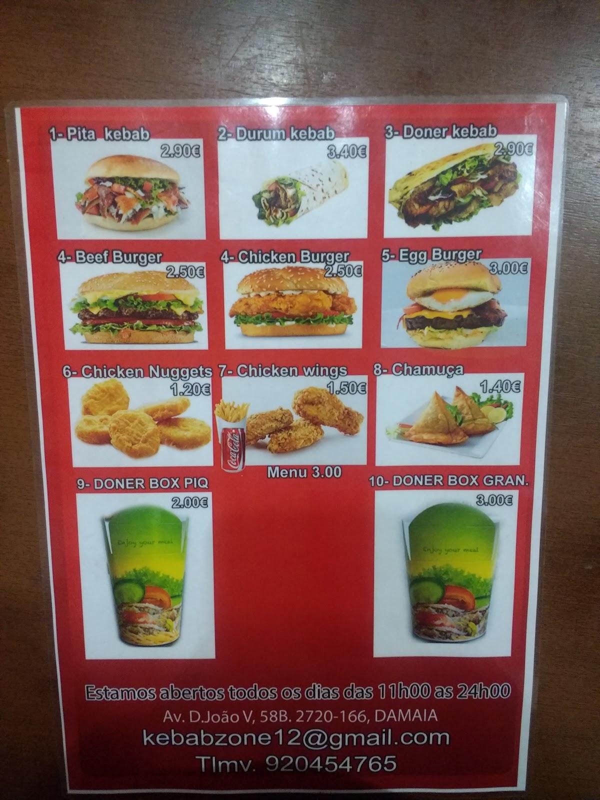 Menu at Kebab zone restaurant, Lisbon