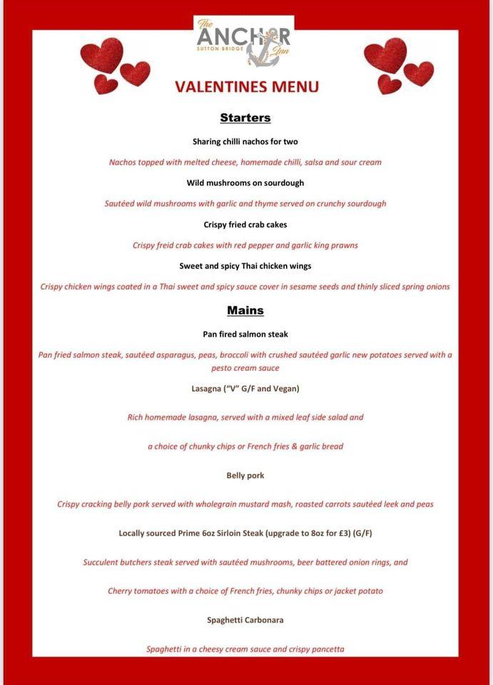 Menu at The Anchor Inn restaurant, Sutton Bridge