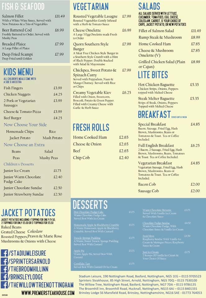 Menu at Stadium Leisure & Premier Steak House pub & bar, Nottingham
