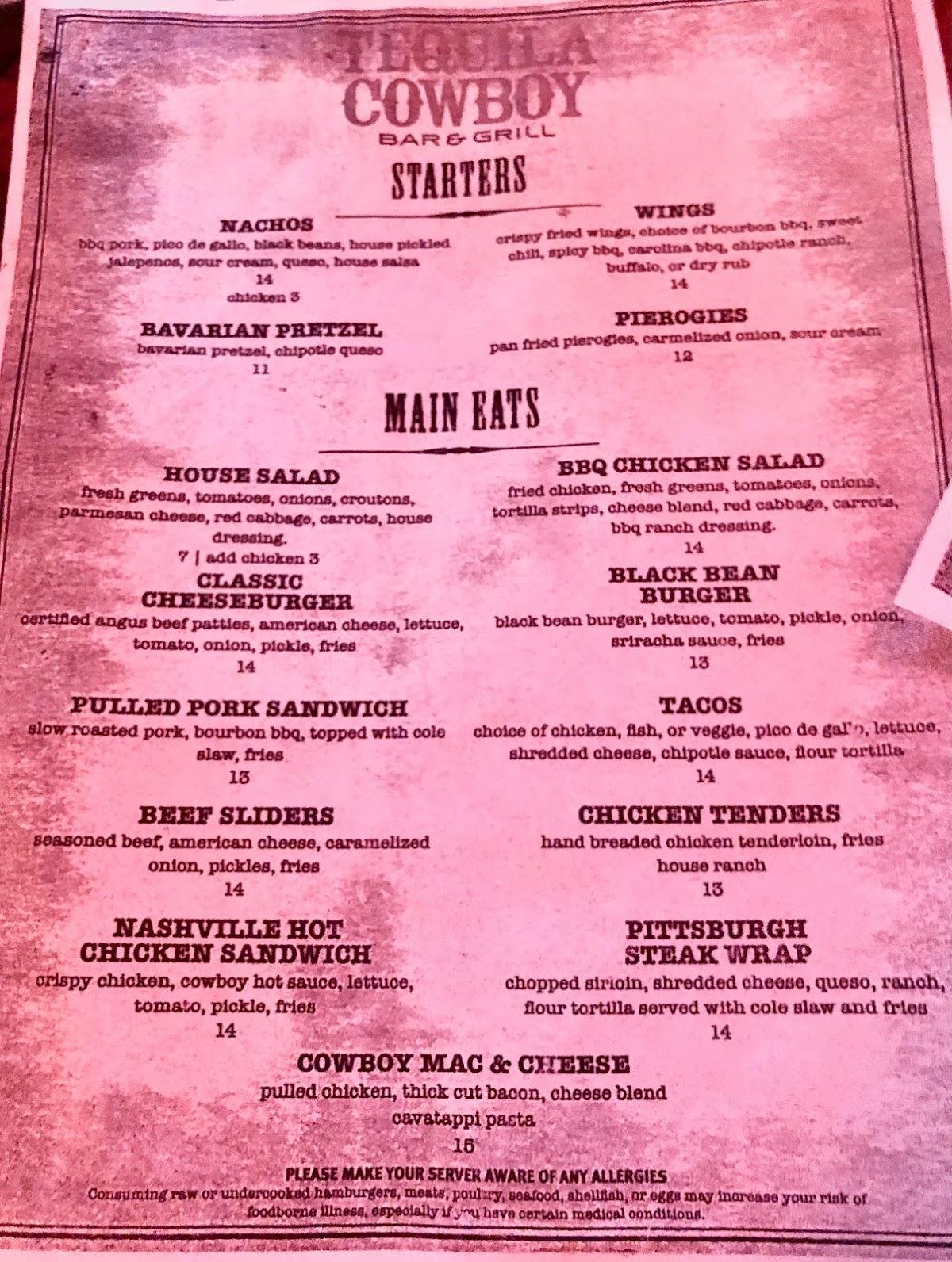 Menu at Tequila Cowboy pub & bar, Pittsburgh
