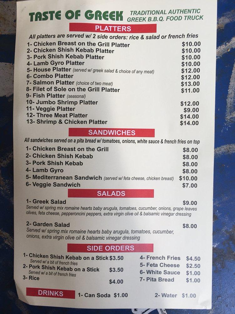 Menu at Taste of Greece, Baldwin
