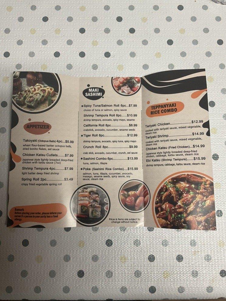Menu at Musta Asian Cuisine restaurant, West Yellowstone