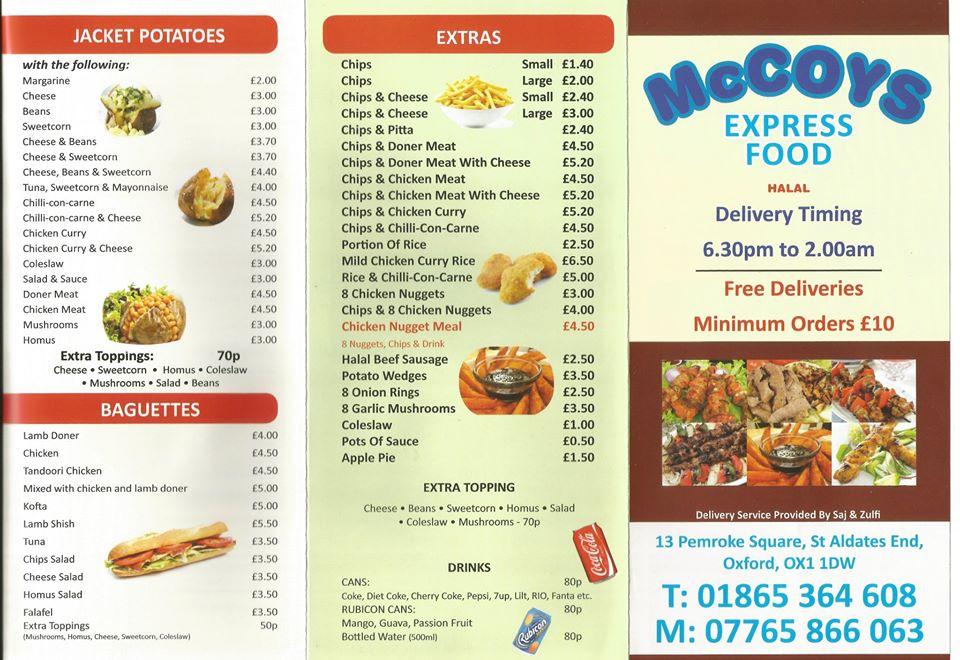 Menu at McCoys, Oxford