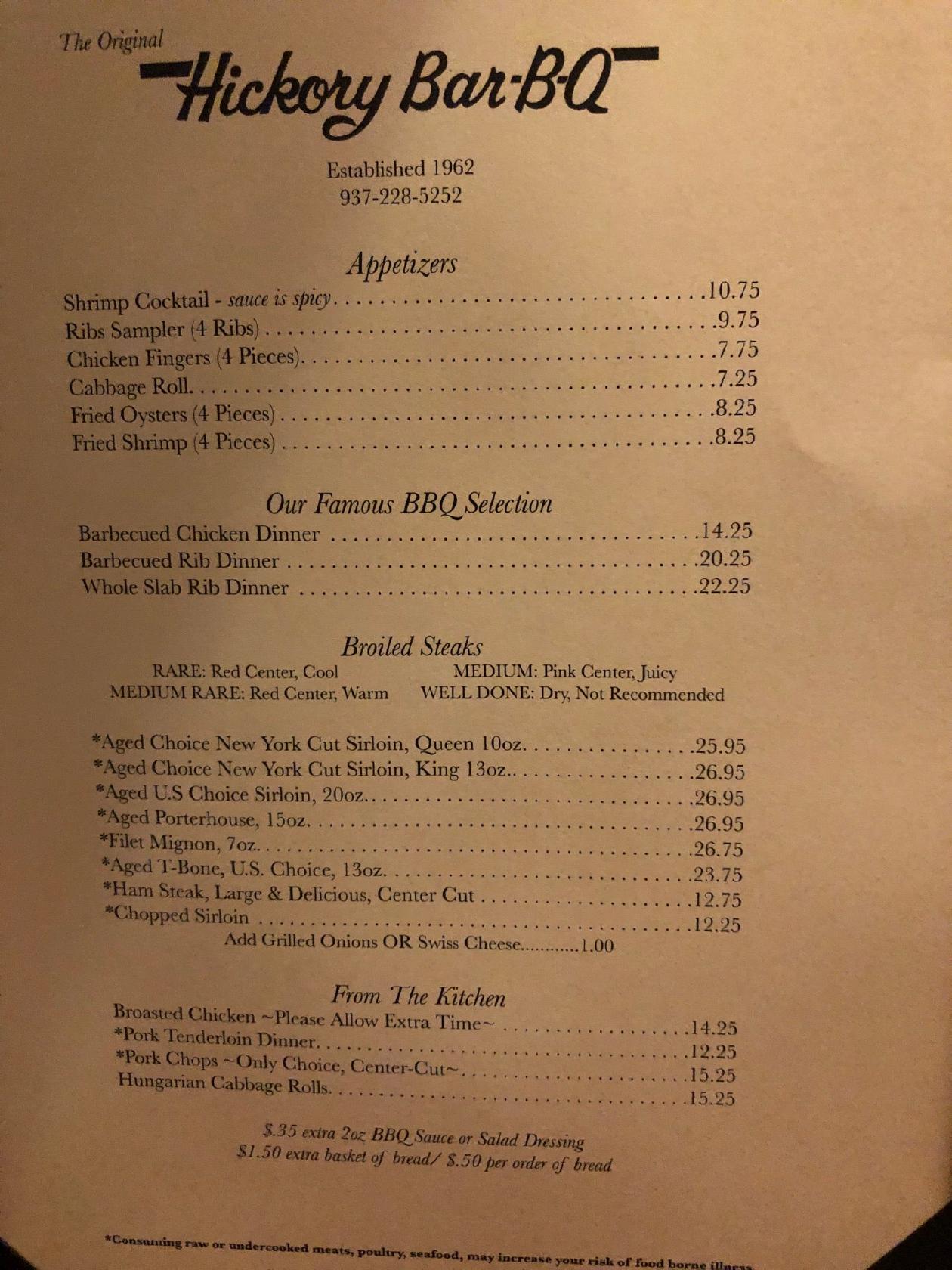 Menu at Hickory BarBQ, Dayton