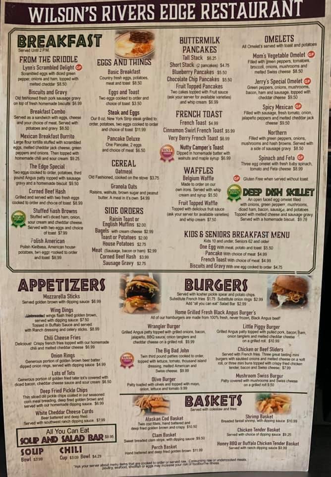 Menu at Wilson's Rivers Edge Restaurant, Indian River