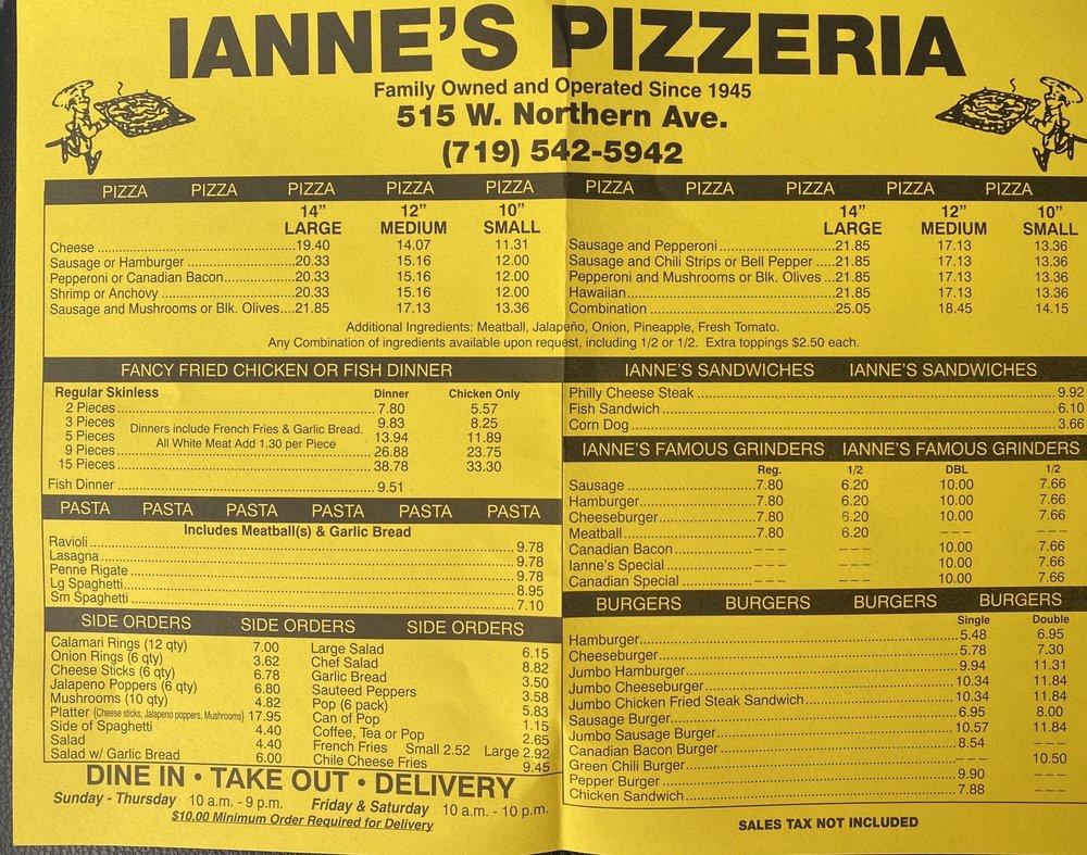 Menu at Ianne's Pizzeria Inc, Pueblo