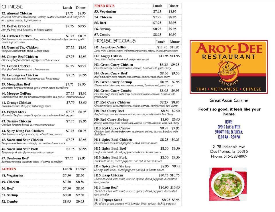 Menu At Aroy Dee Restaurant Des Moines   R6cf Aroy Dee Restaurant Menu 