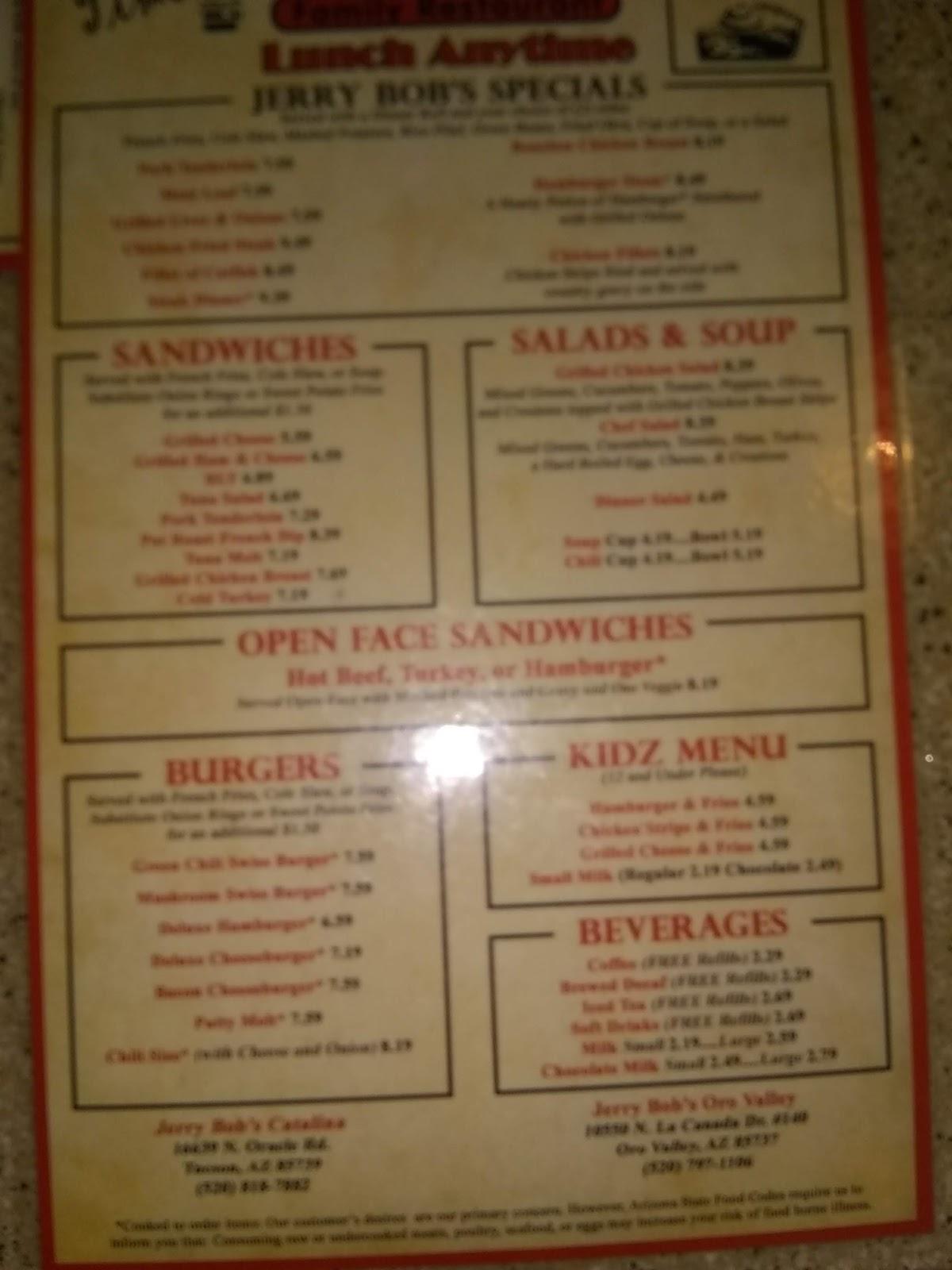 Menu At Jerry Bob's Catalina Restaurant, Catalina, N Oracle Rd