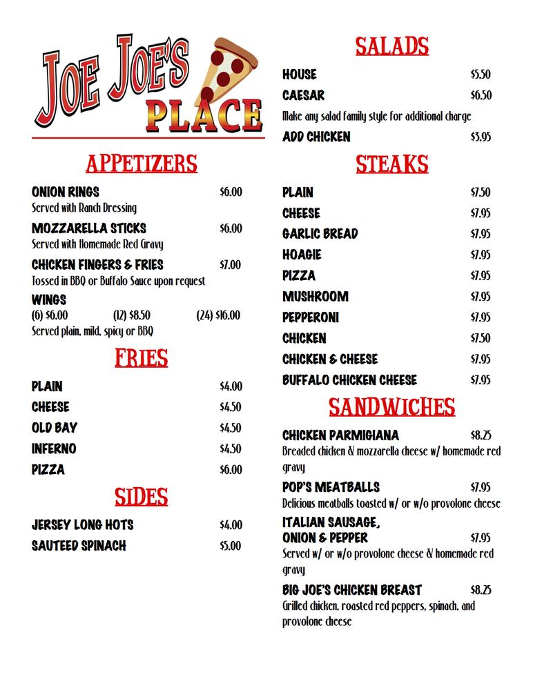 Menu at Joe Joe's Place Tacos & Tequila pizzeria, North Wildwood