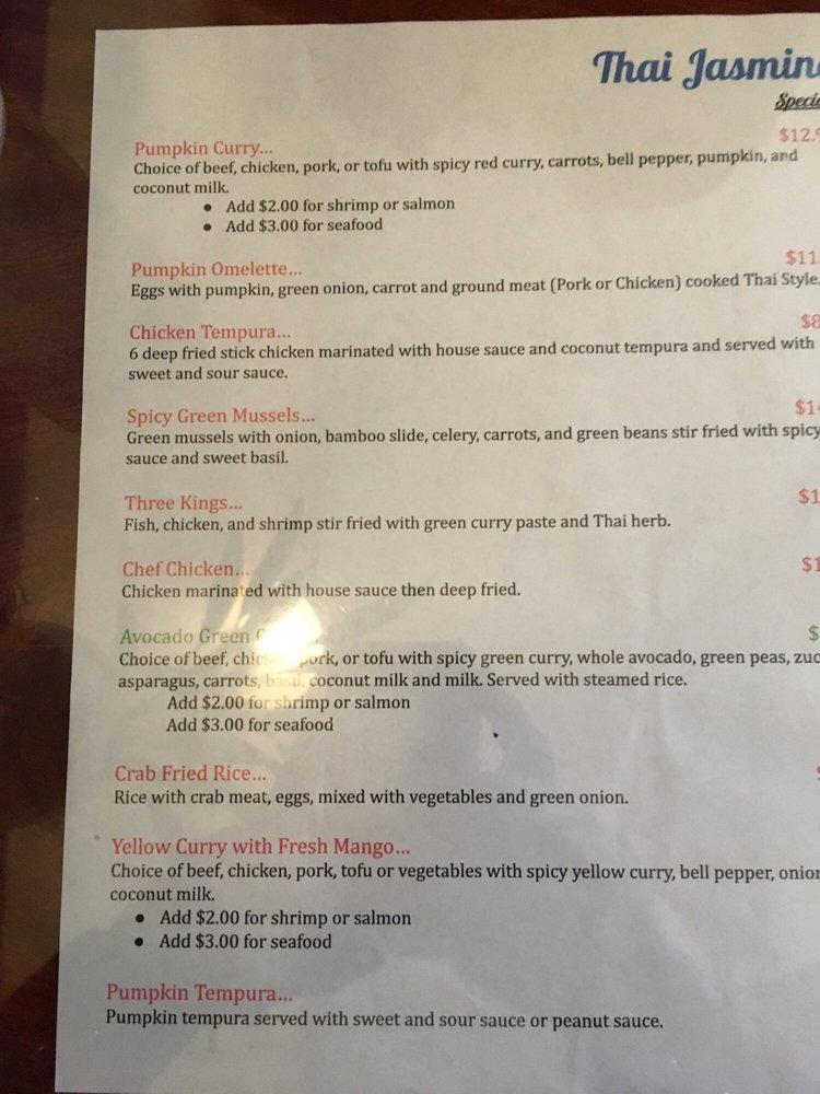 Menu at Thai Jasmine restaurant, Gardnerville