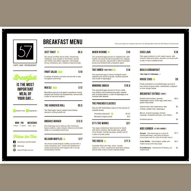 Menu at 57 Cafe Bar Restaurant, Mount Waverley, Pinewood Shopping Centre 57