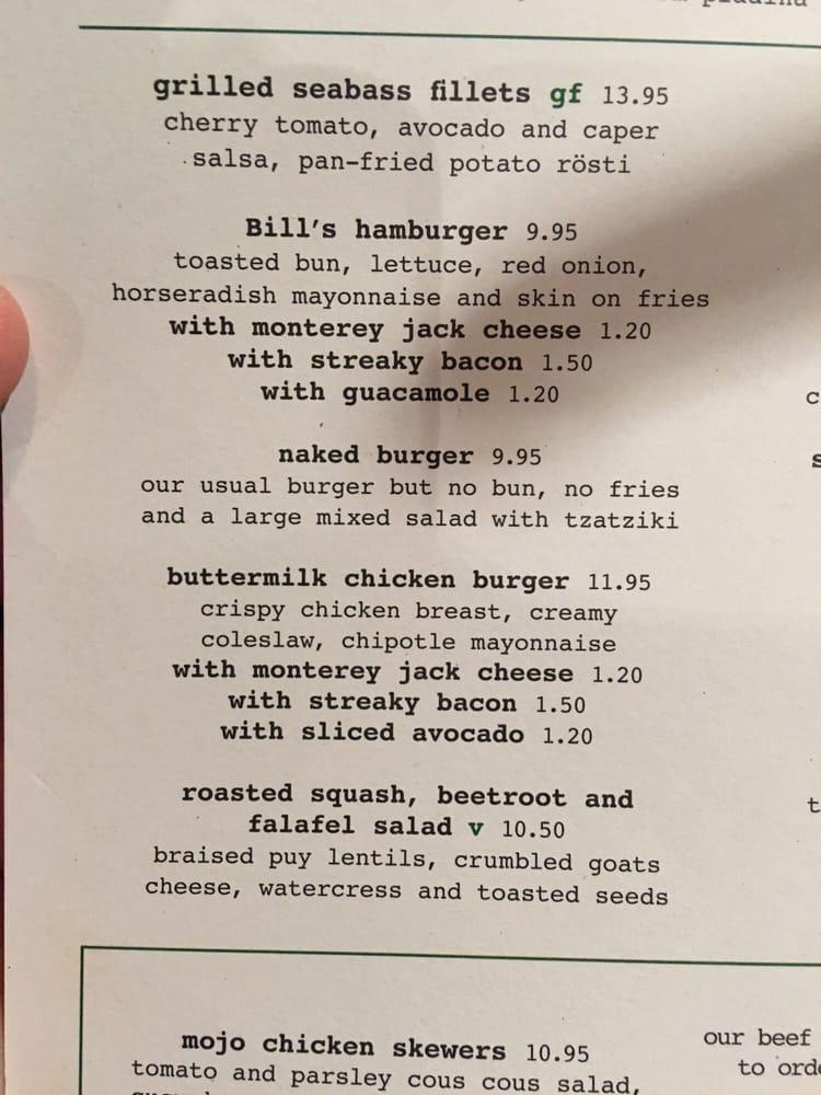 Menu at Bill's Camberley Restaurant, Camberley