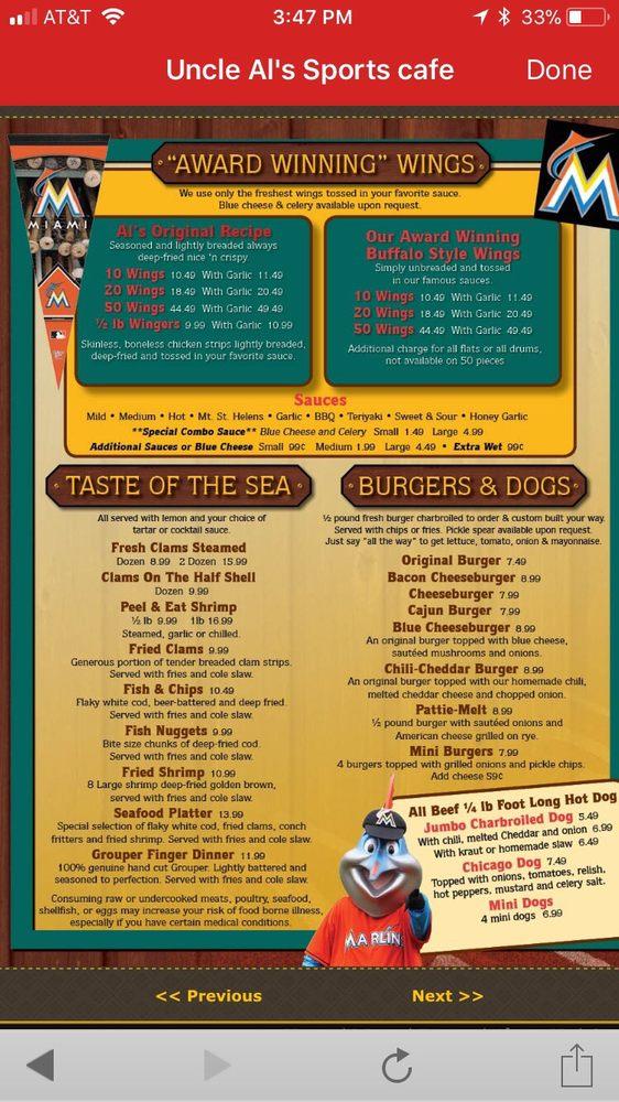 Menu at Jose's Uncle Al's Sports Cafe, Sunrise, W State Rd 84