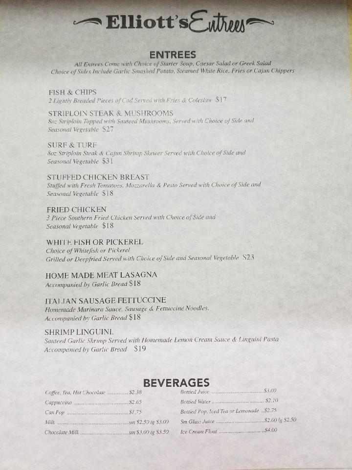 Menu at Elliott's Restaurant, Little Current