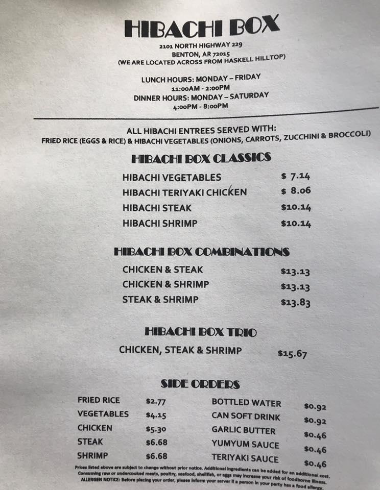 Menu at Hibachi Box restaurant, East End