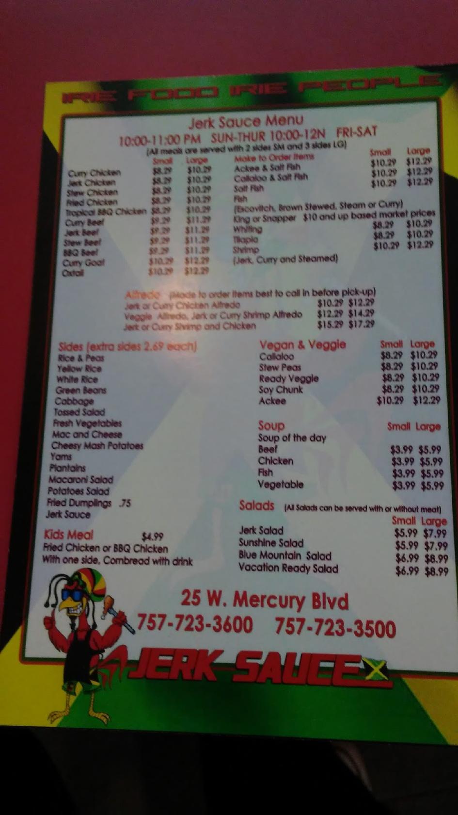 Carta del restaurante Jerk Sauce, Hampton, 25 W Mercury Blvd