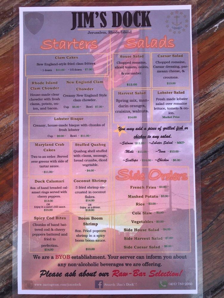 Menu at Jim's Dock restaurant, Narragansett